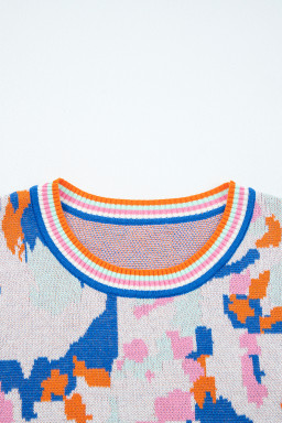 Apricot Abstract Pattern Contrast Striped Trim Short Sleeve Sweater