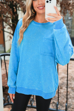 Blue Acid Washed Pocket Pullover Sweatshirt