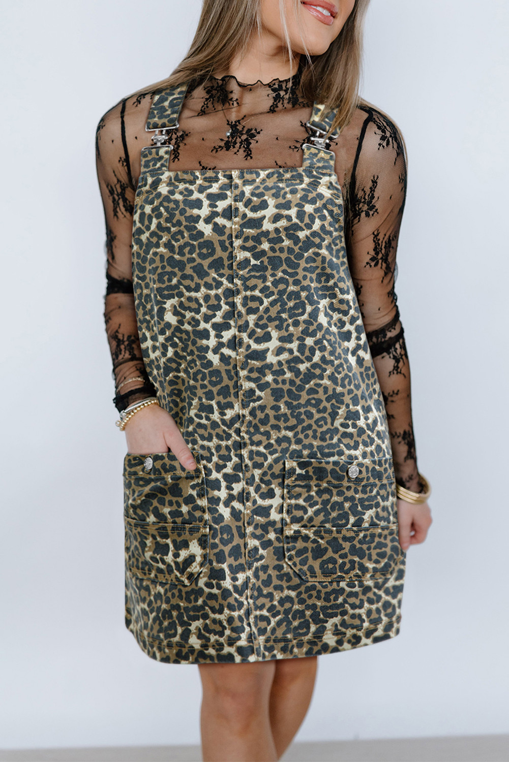 Gray Leopard Print Pocketed Loose Fit Denim Overall Dress