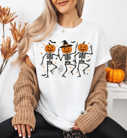 White Halloween Pumpkin Skeleton Graphic Heat Transfer Printing Cotton Blend Tee