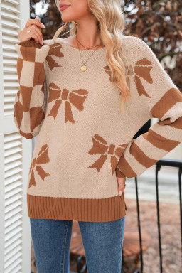 Straw Yellow Striped Checkered Sleeves Bow Print Knit Sweater