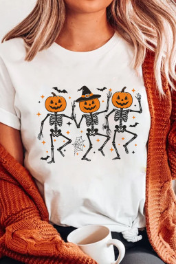 White Halloween Pumpkin Skeleton Graphic Heat Transfer Printing Cotton Blend Tee