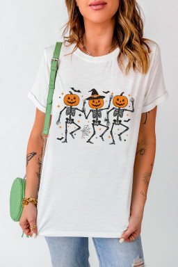 White Halloween Pumpkin Skeleton Graphic Heat Transfer Printing Cotton Blend Tee
