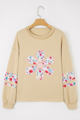 Pale Khaki Flower Applique Patchwork Drop Sleeve Pullover Sweatshirt