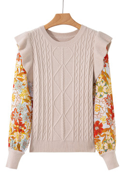 Parchment Cable Knit Ruffle Detail Contrast Floral Sleeve Patchwork Sweater