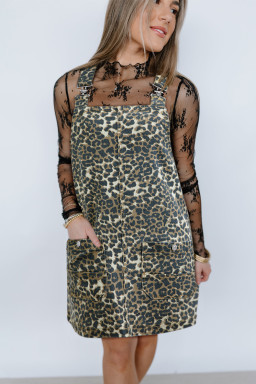 Gray Leopard Print Pocketed Loose Fit Denim Overall Dress