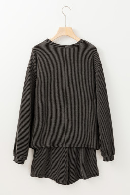 Carbon Grey Twisted Ribbed  Thankful Letter Sequins Patch Bow Sleeve Top and Shorts Set