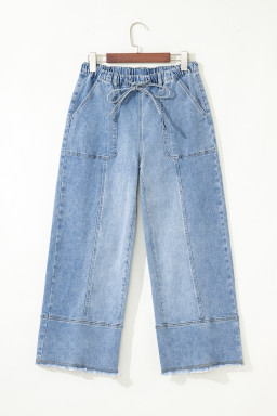 Beau Blue Drawstring Seam Detail Raw Hem Wide Leg Jeans