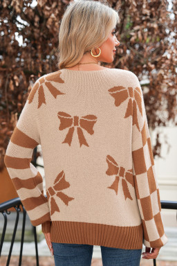 Straw Yellow Striped Checkered Sleeves Bow Print Knit Sweater