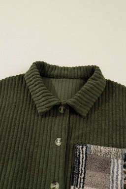 Jungle Green Ribbed Fleece Plaid Print Patchwork Button Up Jacket