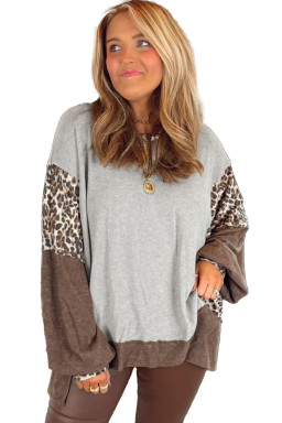 Gray Leopard Patchwork Dolman Sleeve High Low Baggy Sweatshirt
