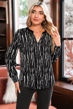 Black Spring and Autumn Abstract Print V-neck Long-sleeve Blouse