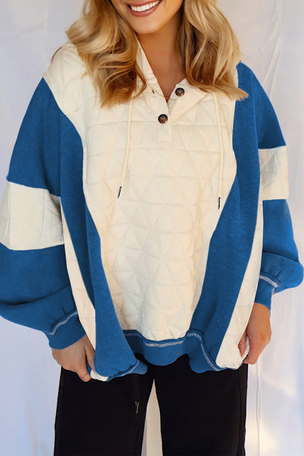 White Quilted Color Block Patchwork Oversize Hoodie