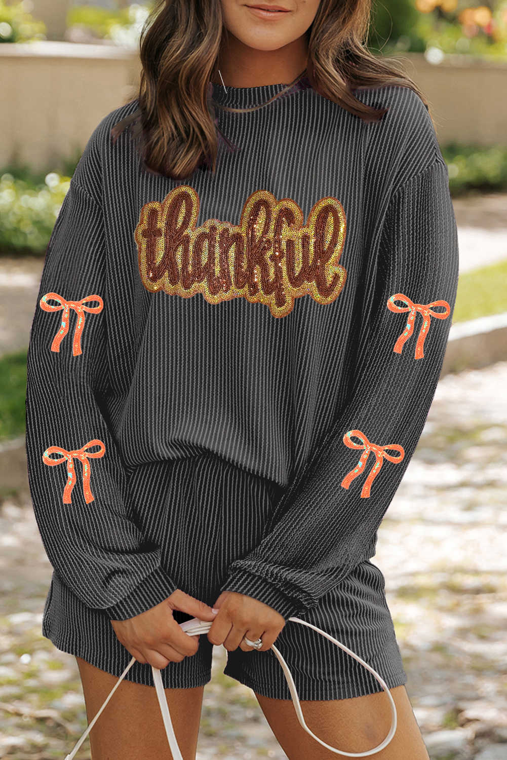 Carbon Grey Twisted Ribbed  Thankful Letter Sequins Patch Bow Sleeve Top and Shorts Set