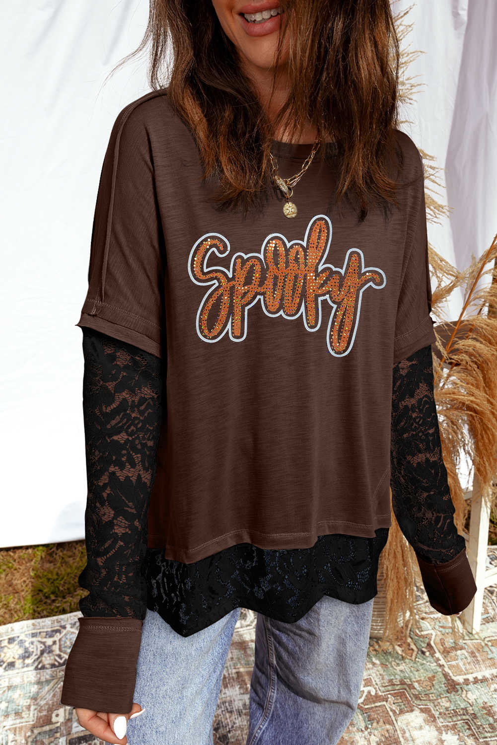 Dark Brown Spooky Graphic Heat Transfer Printing + Rhinestone Transfer Lace Patchwork Long Sleeve T Shirt