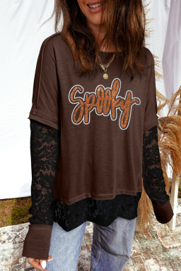 Dark Brown Spooky Graphic Heat Transfer Printing + Rhinestone Transfer Lace Patchwork Long Sleeve T Shirt