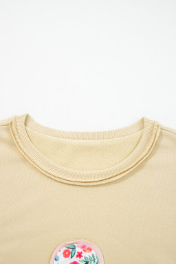 Pale Khaki Flower Applique Patchwork Drop Sleeve Pullover Sweatshirt