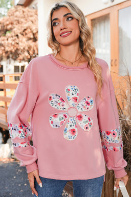 Peach Blossom Flower Applique Patchwork Drop Sleeve Pullover Sweatshirt