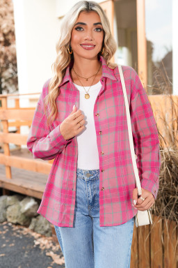Sachet Pink Plaid Rounded Hem Long Sleeve Shirt Shacket