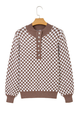 Dark Brown Plaid Contrast Trim Button Neck Sweater