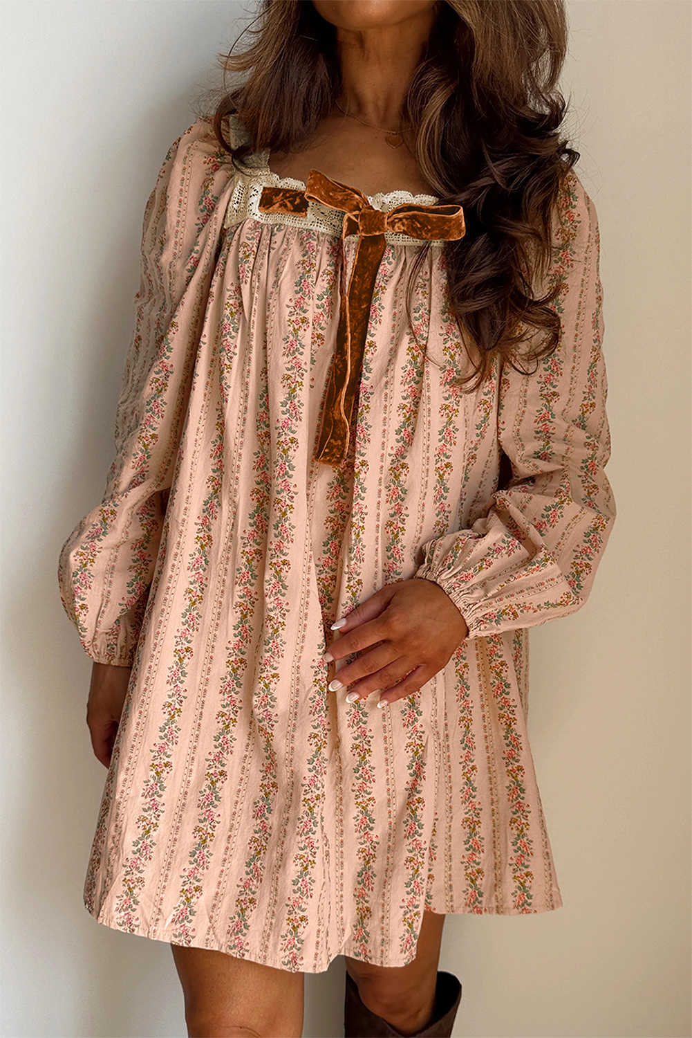 Khaki Velvet Bow Front Floral Print Long Sleeve Short Dress