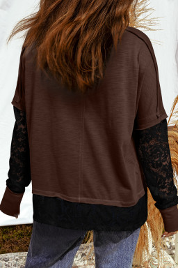 Dark Brown Spooky Graphic Heat Transfer Printing + Rhinestone Transfer Lace Patchwork Long Sleeve T Shirt