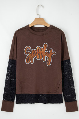 Dark Brown Spooky Graphic Heat Transfer Printing + Rhinestone Transfer Lace Patchwork Long Sleeve T Shirt