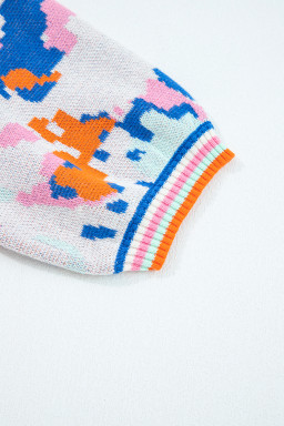 Apricot Abstract Pattern Contrast Striped Trim Short Sleeve Sweater