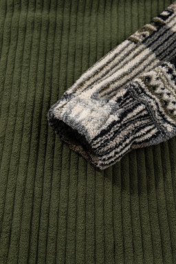 Jungle Green Ribbed Fleece Plaid Print Patchwork Button Up Jacket