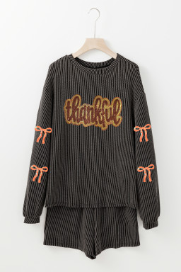 Carbon Grey Twisted Ribbed  Thankful Letter Sequins Patch Bow Sleeve Top and Shorts Set