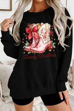 Black Howdy Christmas Boots Heat Transfer Printing Baggy Sweatshirt