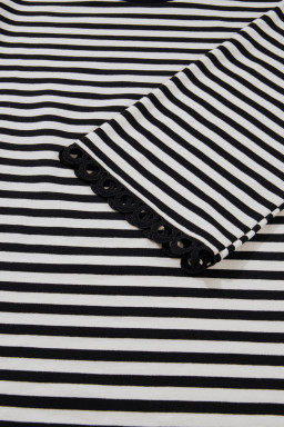 Black Striped Round Neck Contrast Lace Trim Bell Sleeve Top