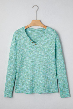 Moonlight Jade Button Long Sleeve V Neck Waffle Shirt