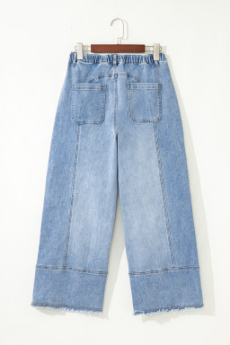 Beau Blue Drawstring Seam Detail Raw Hem Wide Leg Jeans