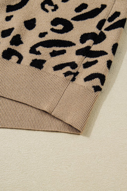 Brown Leopard Knitted Lace Trim Cuffed Plus Size Sweater