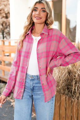 Sachet Pink Plaid Rounded Hem Long Sleeve Shirt Shacket