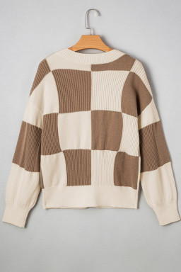 Khaki Checkered Ribbed Button Up Plus Size Cardigan