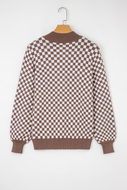 Dark Brown Plaid Contrast Trim Button Neck Sweater