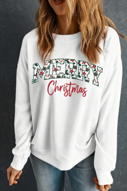 White Merry Christmas Graphic Heat Transfer Printing Cotton Blend Sweatshirt