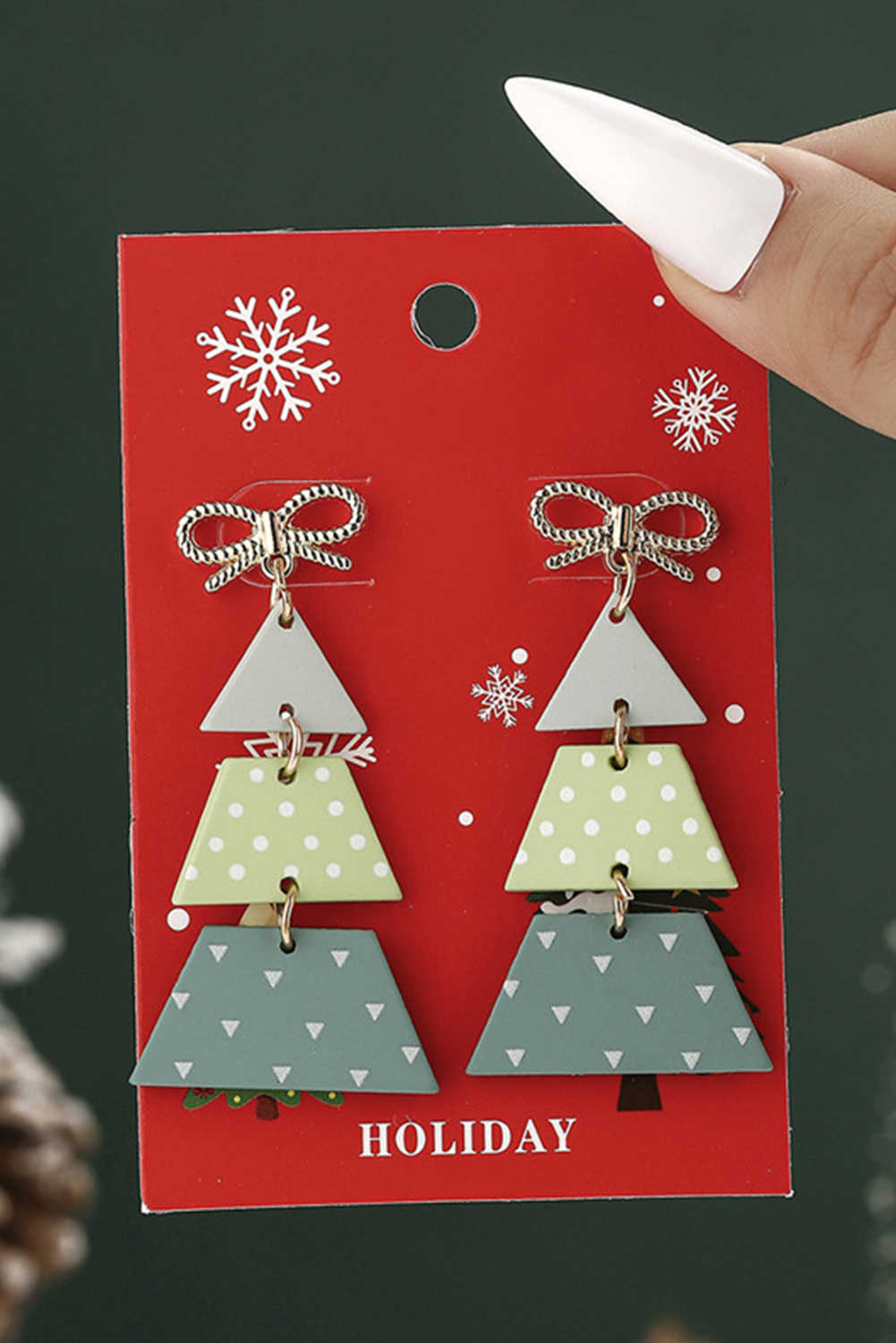 Light Green Geometric Print Christmas Tree Drop Earrings