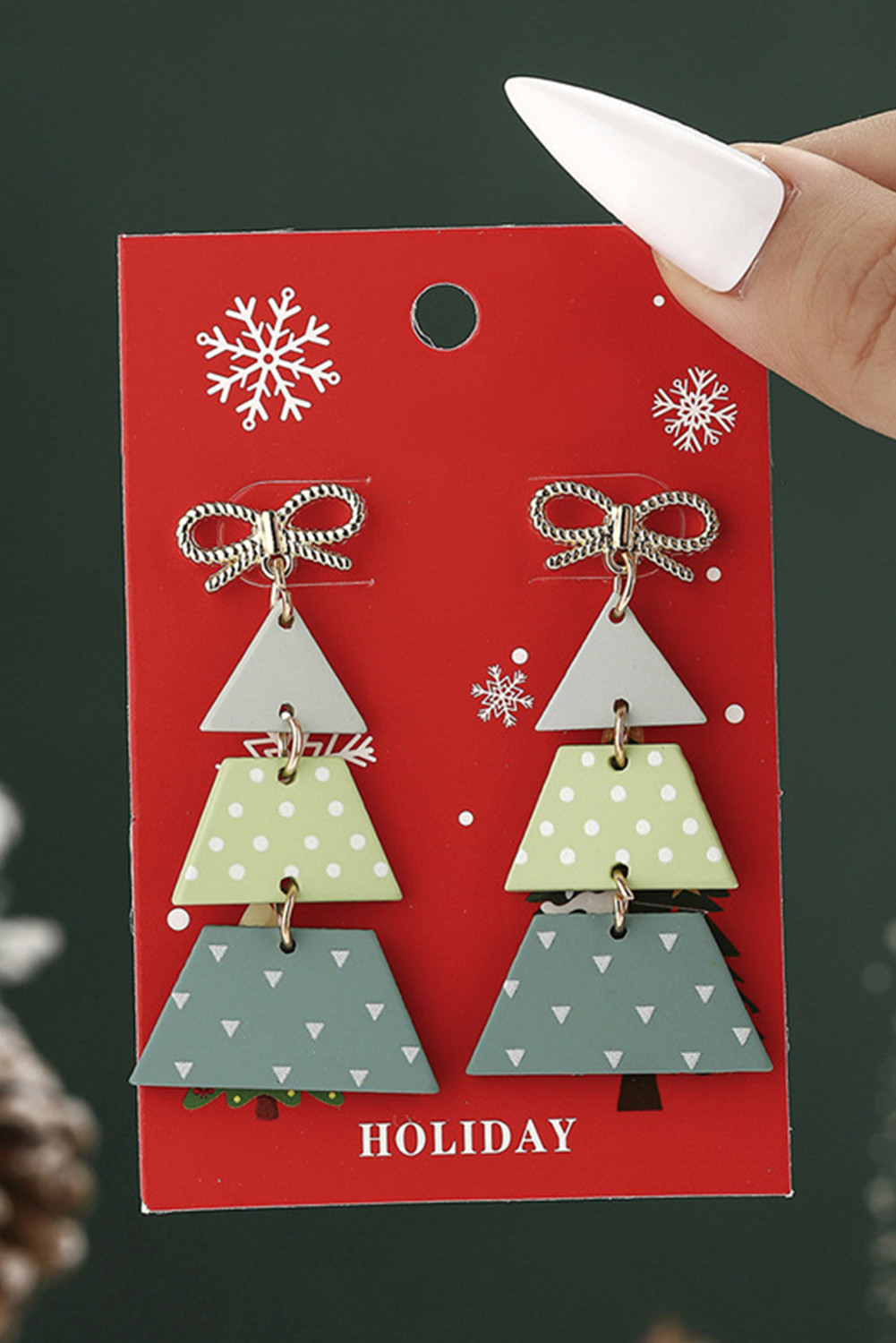 Light Green Geometric Print Christmas Tree Drop Earrings