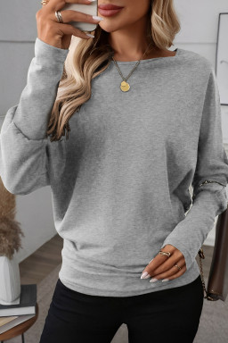 Light Grey Solid Color Round Neck Dolman Sleeve Top