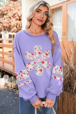 Wisteria Flower Applique Patchwork Drop Sleeve Pullover Sweatshirt