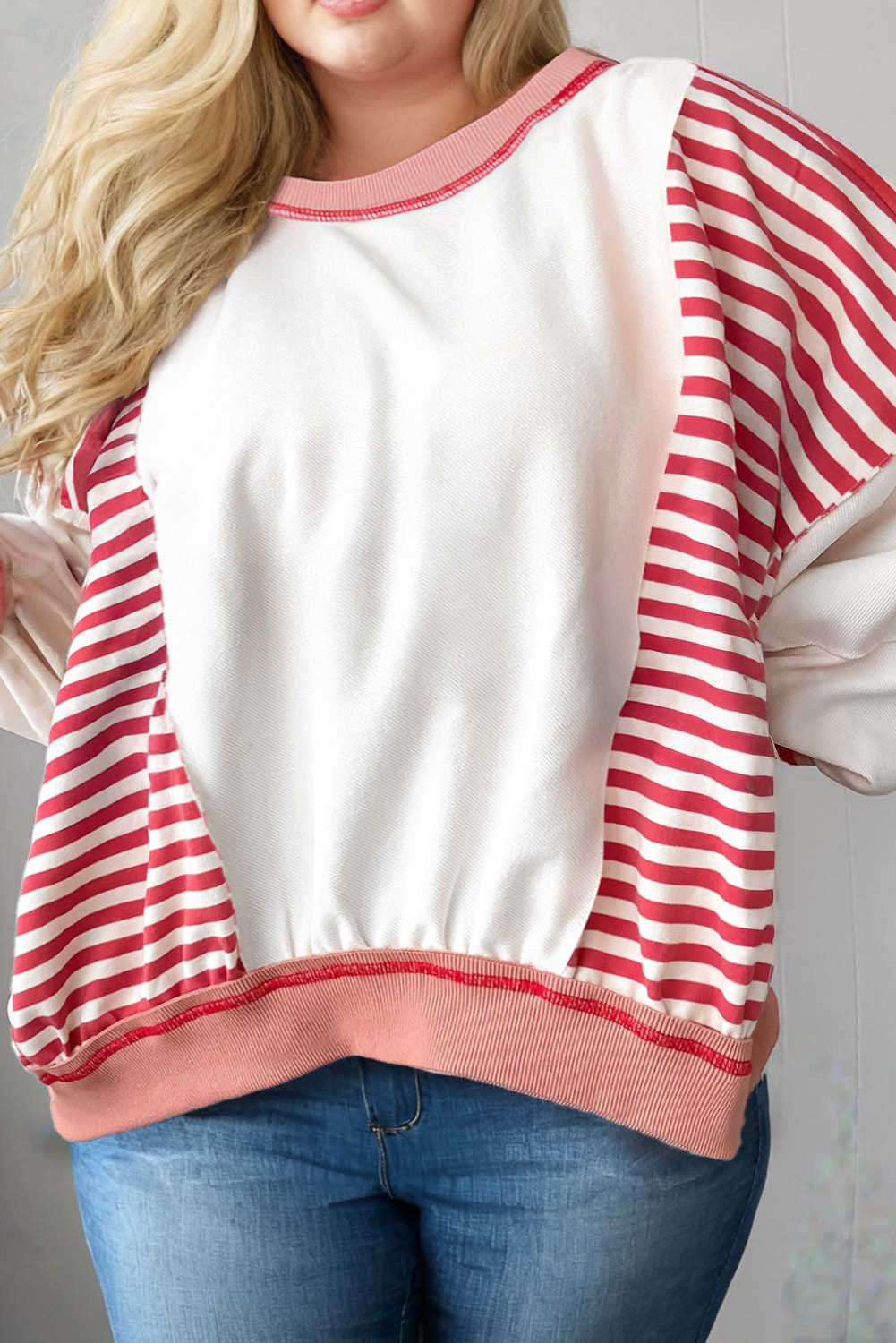 Red Stripe Colorblock Patchwork Stitching Detail Plus Size Sweatshirt
