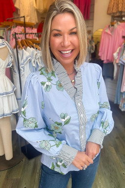 Sky Blue Floral Print Contrast Striped Trim Ruffle V Neck Blouse