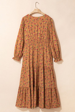 Brown Plus Size Floral Split V Neck Ruffled Sleeve Tiered Maxi Dress