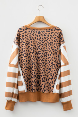 Khaki Striped Leopard Colorblock Side Slits Sweatshirt