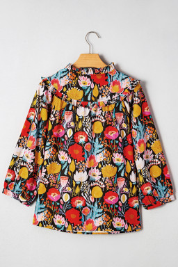 Black Floral Print 3/4 Puff Sleeve Frill Neck Blouse