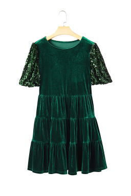 Evergreen Sequin Puff Sleeve High Waist Tiered Velvet Mini Dress