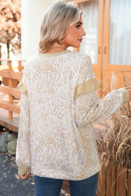 Khaki Ribbed Trim Ruffle Detail Leopard Round Neck Sweatshirt